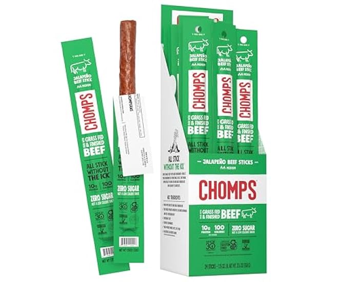 Chomps Grass Fed Jalapeno Beef Jerky Snack Sticks, Keto
