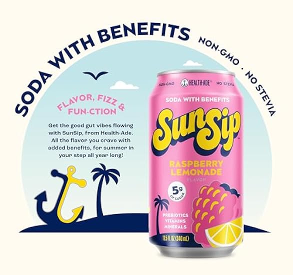 SunSip Prebiotic Soda With Benefits - Gut-Healthy Beverage with Vitamins and Minerals, 25 Calories, Soda Alternative, Naturally Sweetened with 5g of Sugar, 11.5 oz (12 Pack) Raspberry Lemonade 773196269