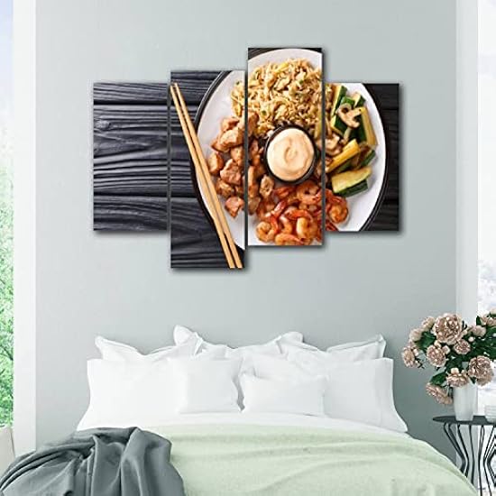 Wall Art Canvas Serving hibachi of rice shrimp steak and vegetables served with sauce Modern Painting 4 Panels Prints Stretched and Framed Artwork for Living Room Office Home Wall Decoration Gift 856260073