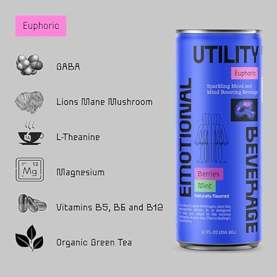 Emotional Utility Beverage - Euphoric: Berries Mint Sparkling Beverage with Nootropics & Adaptogens, 12oz cans (12 pack) 202165666
