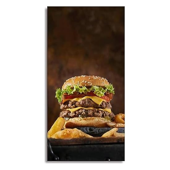 Canvas Wall Art bun cheeseburger beef patties fresh salad ingredients served french Paintings for Living Room Bedroom Office Wall Decor, Stretched & Framed Artwork Wall Poster Ready to Hang - 20x40 253647529