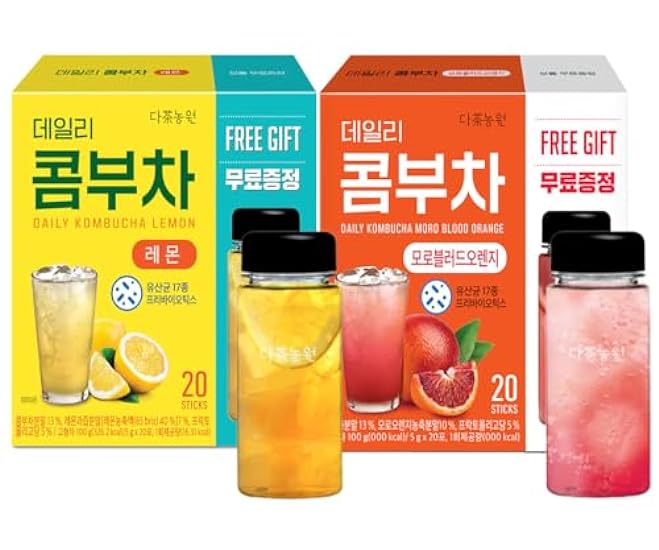 KAYFOOD Garden Daily Kombucha Tee Powdered Mix Lemon 20 Sticks + Mono Blood Orange 20 Sticks, 2 Reusuable Bottles, Probiotics & Prebiotics, Zero Sugar, Gut Healthy Fermented Drinks Korean Beverage 441041988