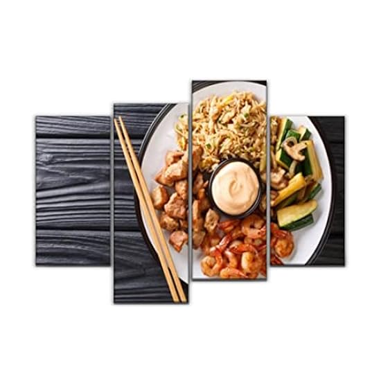 Wall Art Canvas Serving hibachi of rice shrimp steak and vegetables served with sauce Modern Painting 4 Panels Prints Stretched and Framed Artwork for Living Room Office Home Wall Decoration Gift 856260073