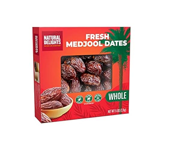 Natural Delights Medjool Dates – Large & Plump Whole Dates Medjool, Non-GMO Verified, Good Source of Fiber, Naturally Sweet Fruit Snack, Perfect for On-the-Go - Medjool Dates Whole, 5 lb Box 325968197