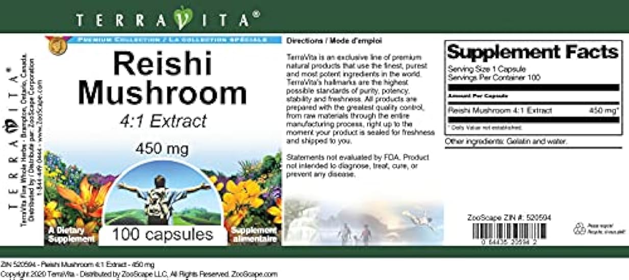 Terravita Reishi Mushroom 4:1 Extract - 450 mg (100 Capsules, ZIN: 520594) - 2 Pack 737436405