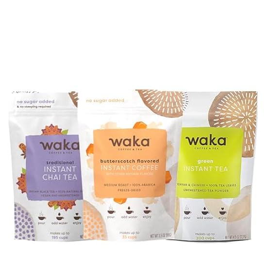 Waka, Premium Butterscotch Flavored Instant Kaffee, Premium Traditional Instant Chai, Premium Grün Tee Powder Bundle, Bulk Bags 813619988