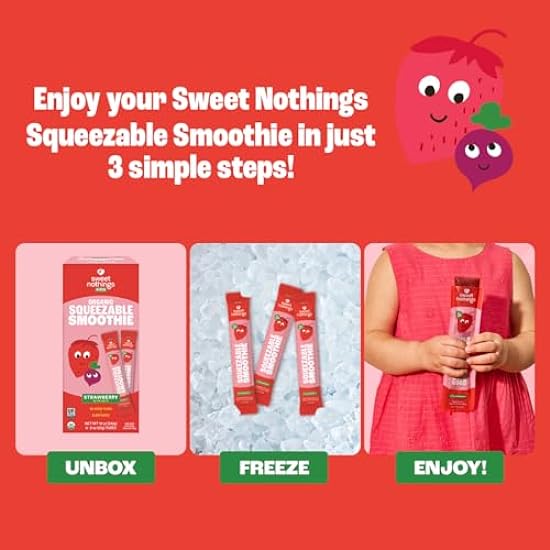 Sweet Nothings, Strawberry, USDA Organic Kids´ Squeezable Super Fruit Smoothie Freezie Pops, Value Pack of 24 - Dye-Free, No Added Sugar, Dairy-Free, Vegan, Healthy Organic Fruit and Veggie Pops, Freeze or Refrigerate and Enjoy 825332105