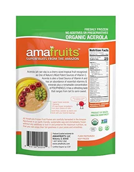 Amafruits Acerola Frozen Puree Pure and Unsweetened Smoothie and Bowl Packs | USDA Organic | Non-GMO Certified | Zero Sugar| Immunity Support |100% Natural Superfruit| 20 Packs x 3.5oz 579109397