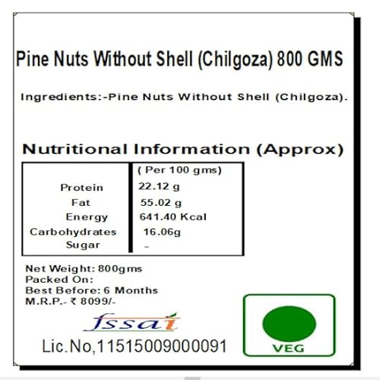 Jaiccha Ghasitaram Pine Nuts Without Shell (Chilgoza) 800 GMS in Schwarz Paper Pouch 51651859