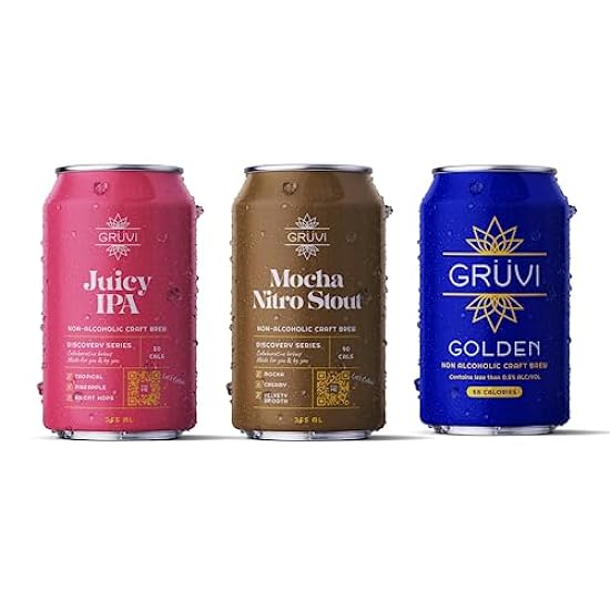 Gruvi Non-Alcoholic Beer Variety Pack, 18-Pack, Mocha Nitro Stout, Juicy IPA, Golden Lager, Less than 0.5% ABV, NA Beer… 968665014