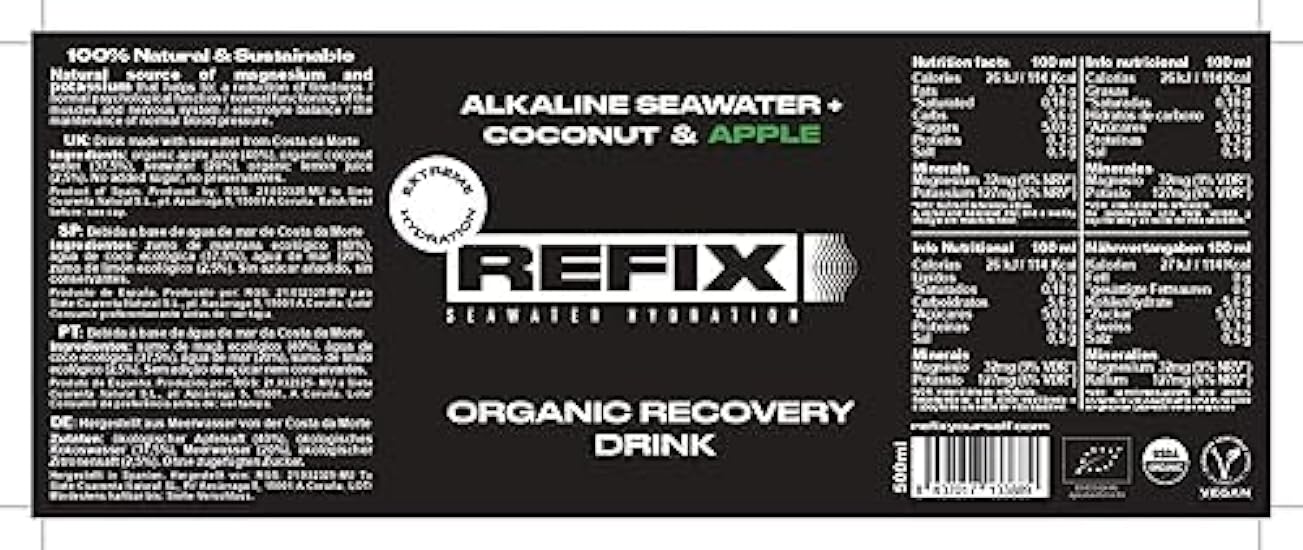 Refix Sports Drink-Low Calorie Beverage, Organic, No Added Sugar, Vegan, No Chemical Additives, Natural Electrolytes From Seawater, Coconut Wasser, Apple, Pineapple, Lemon, Orange, Extreme Hydration (6 Pack, Mix Coconut+Apple & Coconut+pineapple) 71394261