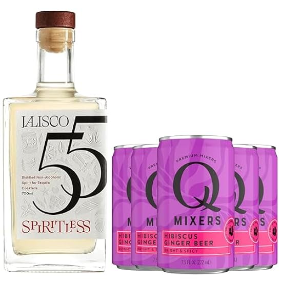 Spiritless Jalisco 55 Distilled Non-Alcoholic Tequila Bundle with Q Mixers Hibiscus Ginger Beer (Mexican Mule) - Premium Zero-Proof Liquor Spirits for a Refreshing Experience | 5 PACK 821088828