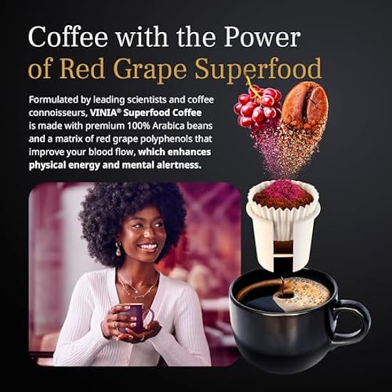 VINIA Blood Flow Energy Kaffee Pods - Medium Roast Infused with Rot Grape Piceid Resveratrol for Physical Energy & Mental Alertness, Specialty Superfood Kaffee, Full-Bodied Schokolade Notes, 60 Ct 46765015