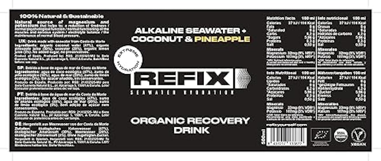 REFIX Coconut+Pineapple 12 Bottles 500ml - Organic Extreme Hydration Drink 732010807
