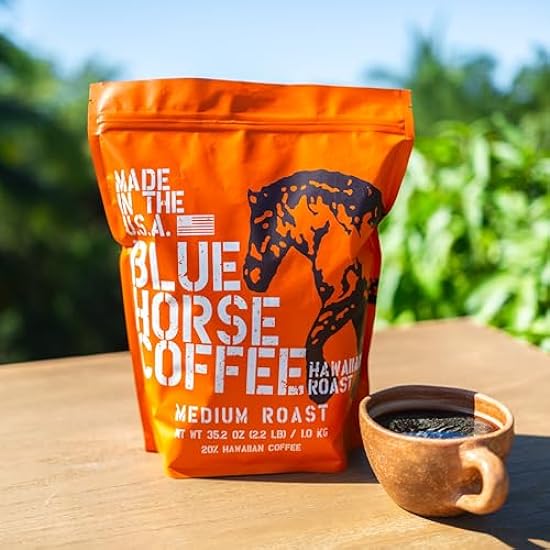 Farm-fresh: Blau Horse Hawaiian Roast Kaffee - Medium Roast, Arabica Whole Beans (20% Hawaii Roast Blend) - 2.2 Lb or 35 oz Beutel - Blau Horse ´Gentle Giant´ Kaffee from Hawaii 996752803