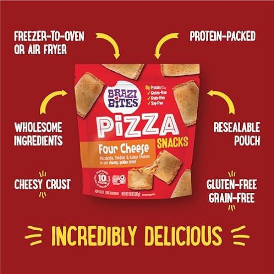 Brazi Bites Four Cheese Pizza Snacks | Better-For-You | Gluten-Free | Grain-Free | Soy-Free | Frozen | No Artificial Ingredients | No Preservatives | 10 oz. pouches (4-pack) 524224730