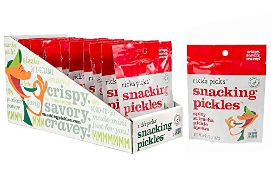 Rick’s Picks Snacking Pickles, Spicy Sriracha Pickle Spears; Gluten-Free, Vegan, Non-GMO Project Verified, Kosher, Healthy Snack On-the-Go; Tray of 12 Pouches 208032597