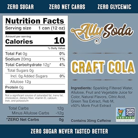 AlluSoda - Zero Sugar Craft Soda Naturally sweetened with Allulose, Monk Fruit & Reb M. Keto & Diabetic friendly with 0 net carbs and low calories (12-Pack Variety = 4 Craft Cola + 4 Lemon & Lime + 4 Gingerale) 778281897