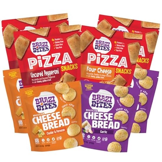 Brazi Bites Variety Pack | Brazilian Cheese Bread & Pizza Bites | Better-For-You Frozen Snacks I Gluten-Free I Grain-Free I Soy-Free | No Artificial Ingredients | No Preservatives (8-pack) 943505858