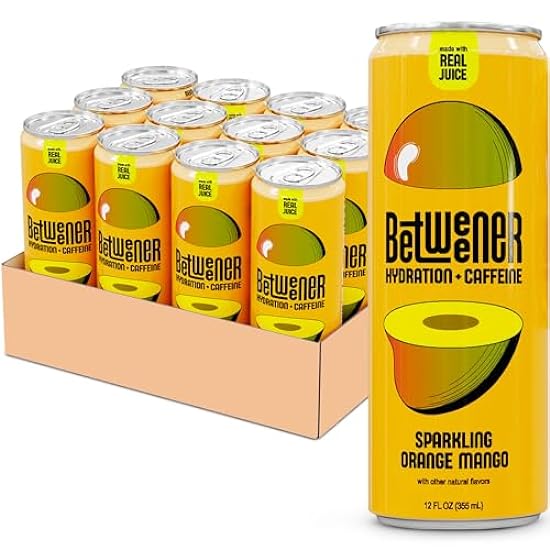 Betweener Energy Drink, Light & Refreshing, Hydration w/ 100mg Caffeine, Naturally Sweetened, L-Theanine for Focus, Vitamins B+C - Real Juice - Low Sugar - 45 Cals - Orange Mango (12 Pack) 428367372