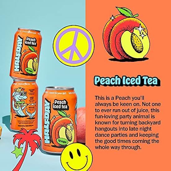 Halfday Prebiotic Peach Iced Tee 12-Pack - Nostalgic Flavor, Low Sugar, Incredible Taste - Paleo, Gluten Free, Drinks for Gut Health - Lightly Sweetened, Healthy Canned Iced Tee - 12 fl oz, 355 mL 202143857