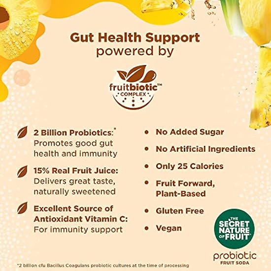 The Secret Nature of Fruit Probiotic Fruit Soda, Supports Gut Health & Immunity, 2 Billion Probiotics, Zero Added Sugar, 15% Fruit Juice, High in Vitamin C, Spiced Pineapple - 12oz (Pack of 12) 600213141