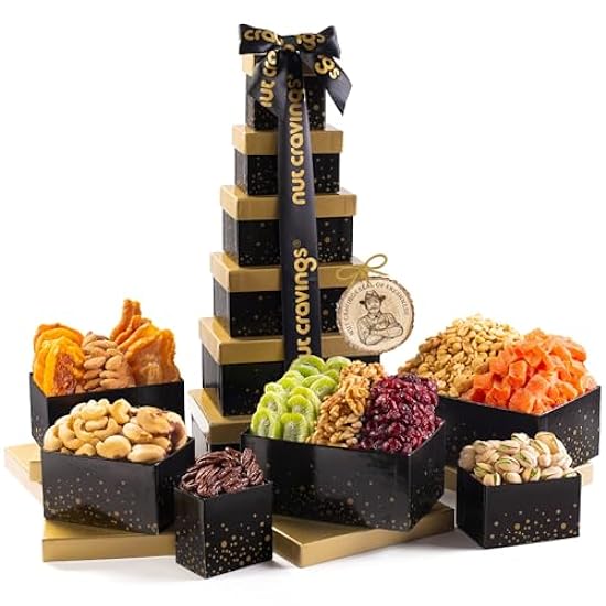 Nut Cravings Gourmet Collection - Congratulations Tower Gift Basket, Nuts & Dried Fruits with Congrats Ribbon + Greeting Card (12 Assortments) Food Platter Care Package Healthy Kosher Snack 844946882