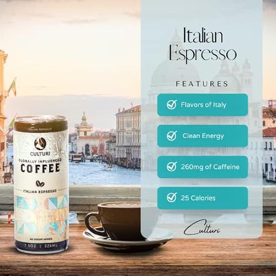 Culturi Organic Canned Espresso - All Natural Non-GMO Cold Brew Espresso - Schwarz Kaffee - Preservative Free, No Artificial Flavors or Farbes, Shelf Stable, Best Served Cold (12 Pack of Cans) 544890833
