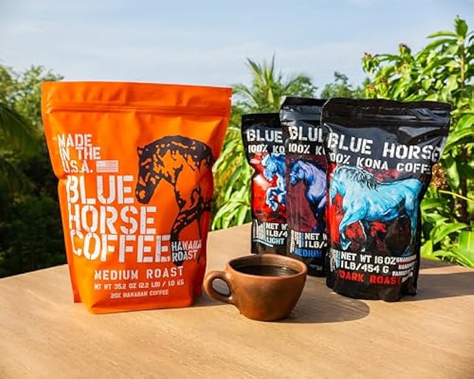 Farm-fresh: Blau Horse Hawaiian Roast Kaffee - Medium Roast, Arabica Whole Beans (20% Hawaii Roast Blend) - 2.2 Lb or 35 oz Beutel - Blau Horse ´Gentle Giant´ Kaffee from Hawaii 460999227