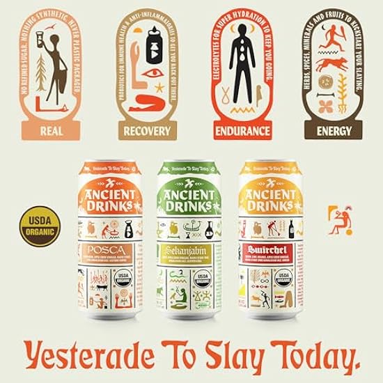 ANCIENT DRINKS Apple Cider Vinegar Beverage with Electrolytes, Vitamins, & Probiotics, Organic, Super-Hydrating Sports Drink - Mixed Pack (Posca, Switchel, Sekanjabin) - 16 fl oz (12 cans) 604431077