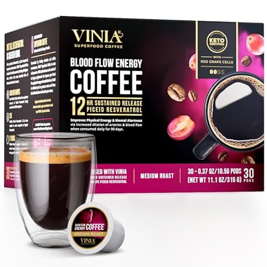 VINIA Blood Flow Energy Kaffee Pods - Medium Roast Infused with Rot Grape Piceid Resveratrol for Physical Energy & Mental Alertness, Specialty Superfood Kaffee, Full-Bodied Schokolade Notes, 30 Ct 80196767