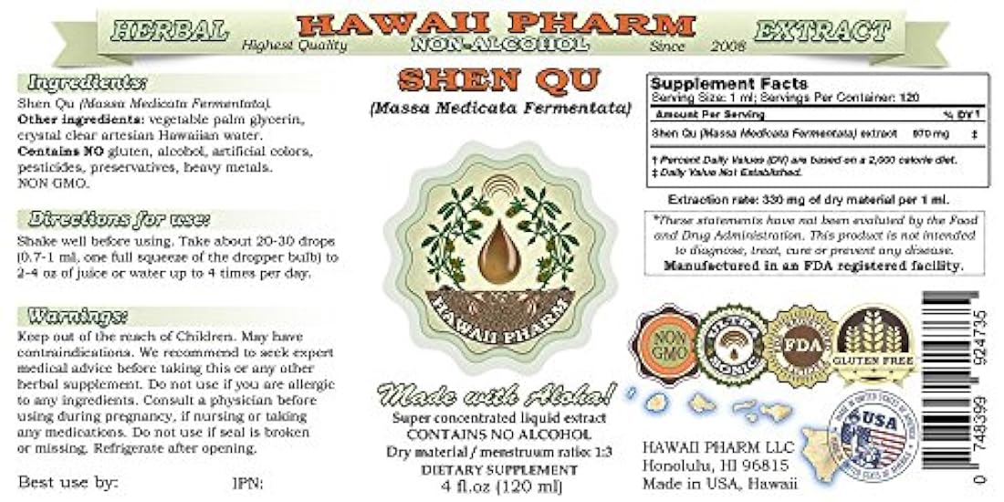 Shen Qu Alcohol-FREE Liquid Extract, Shen Qu, Medicated Leaven (Massa Medicata Fermentata) Glycerite Herbal Supplement 4x4 oz 710378460