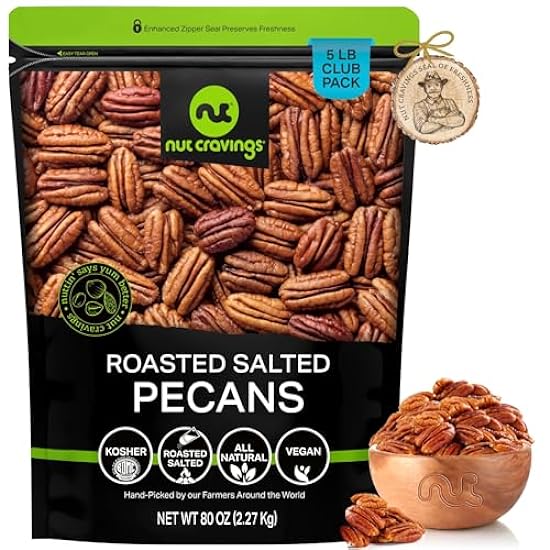 Nut Cravings - Pecans Halves, Roasted & Salted, No Shell (80oz - 5 LB) Bulk Nuts Packed Fresh in Resealable Beutel - Healthy Protein Food Snack, All Natural, Keto Friendly, Vegan, Kosher 728078299