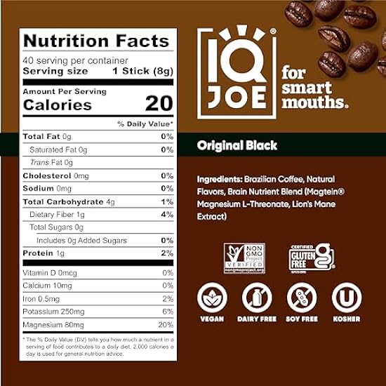 IQJOE Instant Mushroom Kaffee Packets with Lion’s Mane and Magtein Magnesium L-Threonate - Original Schwarz - Clarity and Mood Enhancing - Sugar Free, Keto, Vegan - 200mg Natural Caffeine - 40 Count 383924055