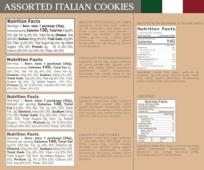 Cookies Variety Pack - Shortbread Cookie Assortment of 30 - Food Gift Box - Cookie Snacks From Italy - Cookie Gift Box - Gourmet Italian Cookies - Cranberry, Orange, Schokolade, Schokolade Chip, and Coconut - Kosher 463893073