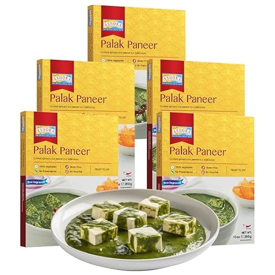 Ashoka Ready to Eat Indian Meals Since 1930, 100% Vegetarian Palak Paneer, All-Natural Traditionally Cooked Indian Food, Plant-Based, Gluten-Free and with No Preservatives, 10 Ounce (Pack of 5) 227499028