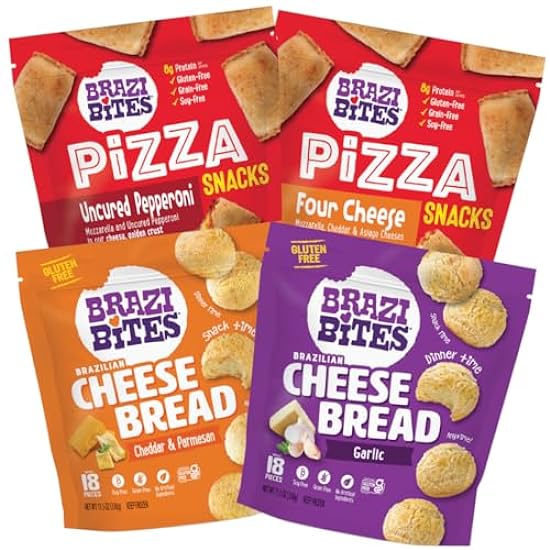 Brazi Bites Variety Pack | Brazilian Cheese Bread & Pizza Bites | Better-For-You Frozen Snacks I Gluten-Free I Grain-Free I Soy-Free | No Artificial Ingredients | No Preservatives (4-pack) 736201793