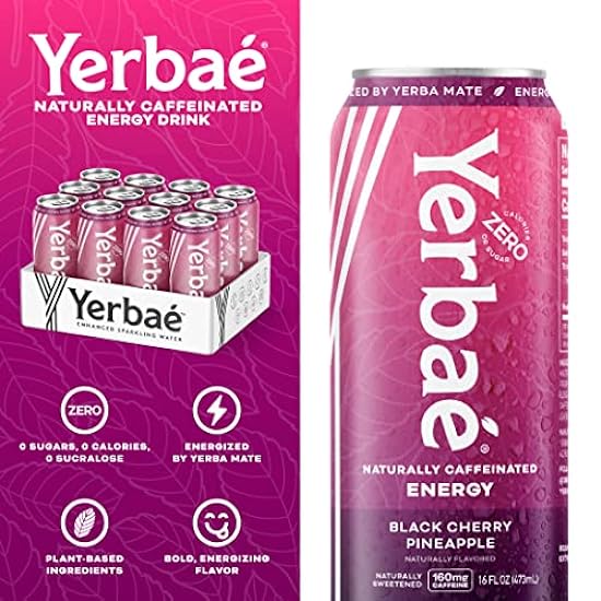 Yerbae Energy Beverage - Schwarz Cherry Pineapple, 0 Sugar, 0 Calories, 0 Carbs, Energized by Yerba Mate, Plant-Based, Healthy Alternative to Sugary Drinks, 16oz cans (12 Pack) 935682825