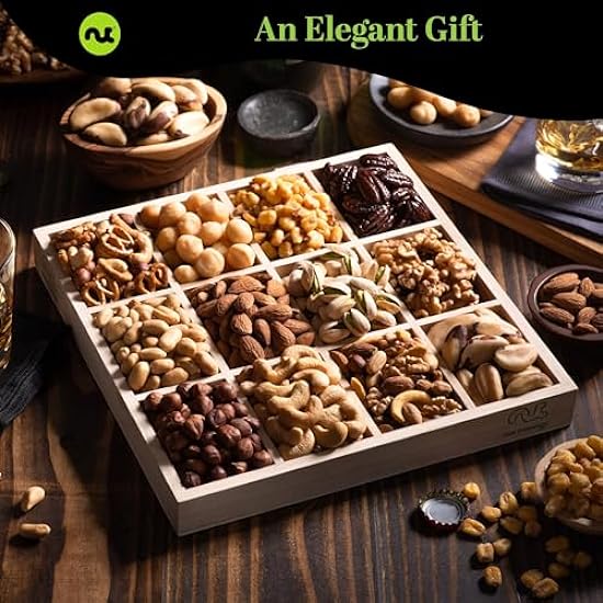 Nut Cravings Gourmet Collection - Mixed Nuts Gift Basket in Reusable Wooden Tray + Heart Ribbon (12 Assortments) Easter Arrangement Platter, Healthy Kosher USA Made 833117937
