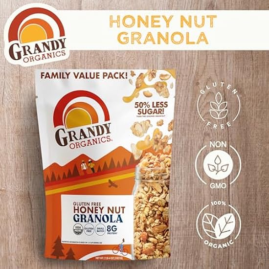 Grandy Organics Honey Nut Gluten Free Granola - Certified Organic, Non-GMO, Lower Sugar, Family Value Size 2 Pound Bags, Bulk Pack of 2 792400860
