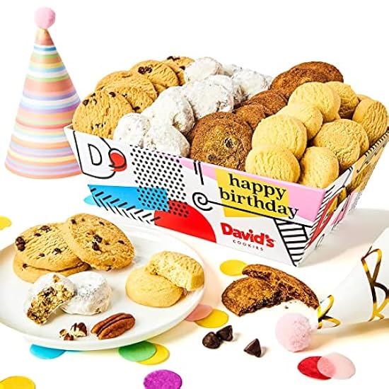 David’s Cookies Happy Birthday Cookie Gift Basket - Deliciously Flavored Assorted Cookies in a Lovely Gift Crate - Gourmet Thin Crispy Cookies, Butter Pecan Meltaways, and Choco Chip & Pure Butter Shortbread Cookies 401465153