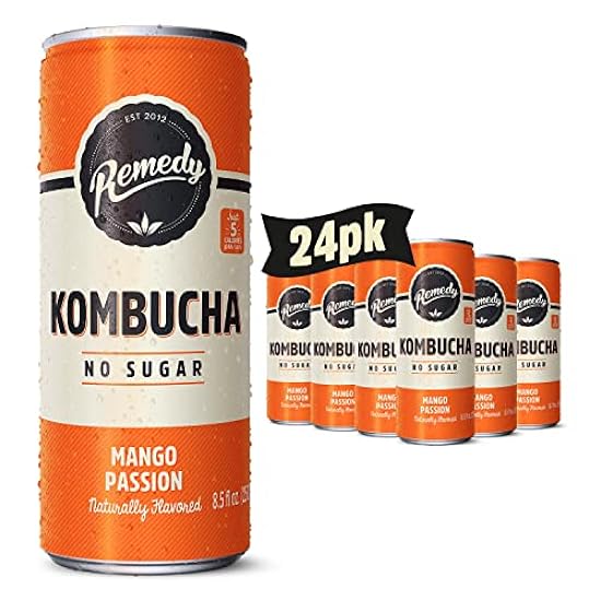 Remedy Kombucha Tee Organic Drink - Sugar Free, Keto, Vegan & Gluten Free - Sparkling Live Cultured, Small Batch Brewed Beverage - Mango Passion - 8.5 Fl Oz Can, 24-Pack 656290027