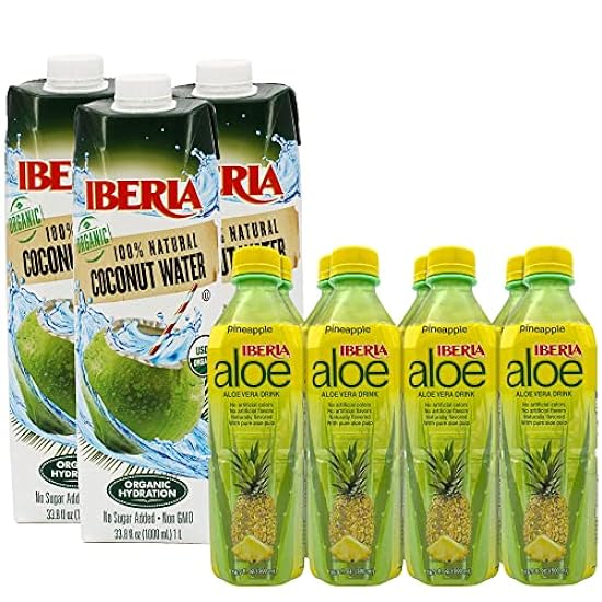 Iberia 100% Pure Organic Coconut Wasser, 1 Liter, 33.8 Fl Oz (Pack of 3) + Iberia Aloe Vera Juice Drink with Pure Aloe Pulp, Pineapple, 16.9 Fl. Oz. (Pack of 8) 149116898