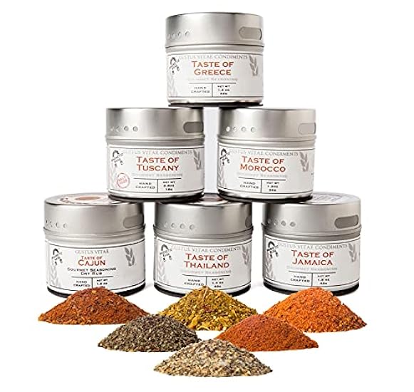 Gourmet World Flavors Seasoning Collection | Non GMO Verified | 6 Magnetic Tins | Spice Blends | Crafted in Small Batches by Gustus Vitae | #68 898003134