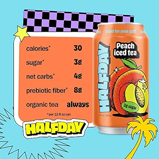 Halfday Prebiotic Peach Iced Tee 12-Pack - Nostalgic Flavor, Low Sugar, Incredible Taste - Paleo, Gluten Free, Drinks for Gut Health - Lightly Sweetened, Healthy Canned Iced Tee - 12 fl oz, 355 mL 202143857