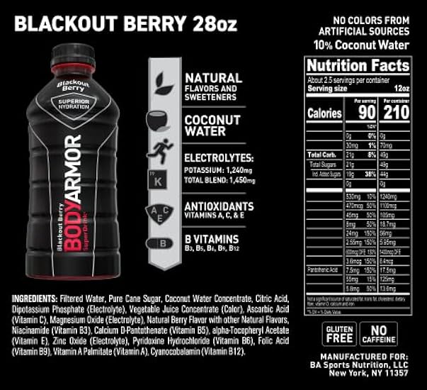 BODYARMOR Sports Drink Sports Beverage, Schwarzout Berry, Coconut Wasser Hydration, Natural Flavors With Vitamins, Potassium-Packed Electrolytes, Perfect For Athletes, 28 Fl Oz (Pack of 12) 844753814