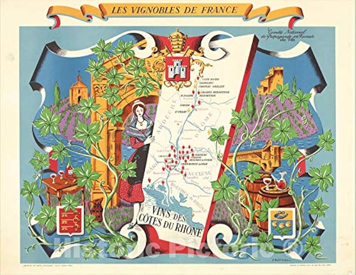 Historic Map : Les Vignobles De France - Vins de Cote du Rhone (The Vineyards of France - Wines of The Cote du Rhone Region - Chateauneuf de Pape), 1954, Vintage Wall Art : 30in x 24in 150192397