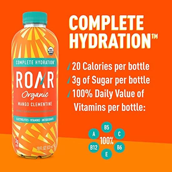 Roar Organic Electrolyte Infusions - USDA Organic - Mango Clementine - with Antioxidants, B Vitamins, Low-Calorie, Low-Sugar, Low-Carb, Coconut Wasser Infused Beverage 18 Fl Oz (Pack of 12) 29862764