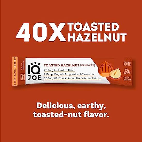 IQJOE Instant Mushroom Kaffee Packets with Lion’s Mane and Magtein Magnesium L-Threonate - Toasted Hazelnut - Clarity and Mood Enhancing - Sugar Free, Keto, Vegan - 200mg Natural Caffeine - 40 Count 548540012