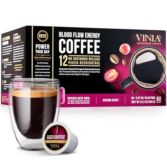 VINIA Blood Flow Energy Kaffee Pods - Medium Roast Infused with Rot Grape Piceid Resveratrol for Physical Energy & Mental Alertness, Specialty Superfood Kaffee, Full-Bodied Schokolade Notes, 60 Ct 639837939